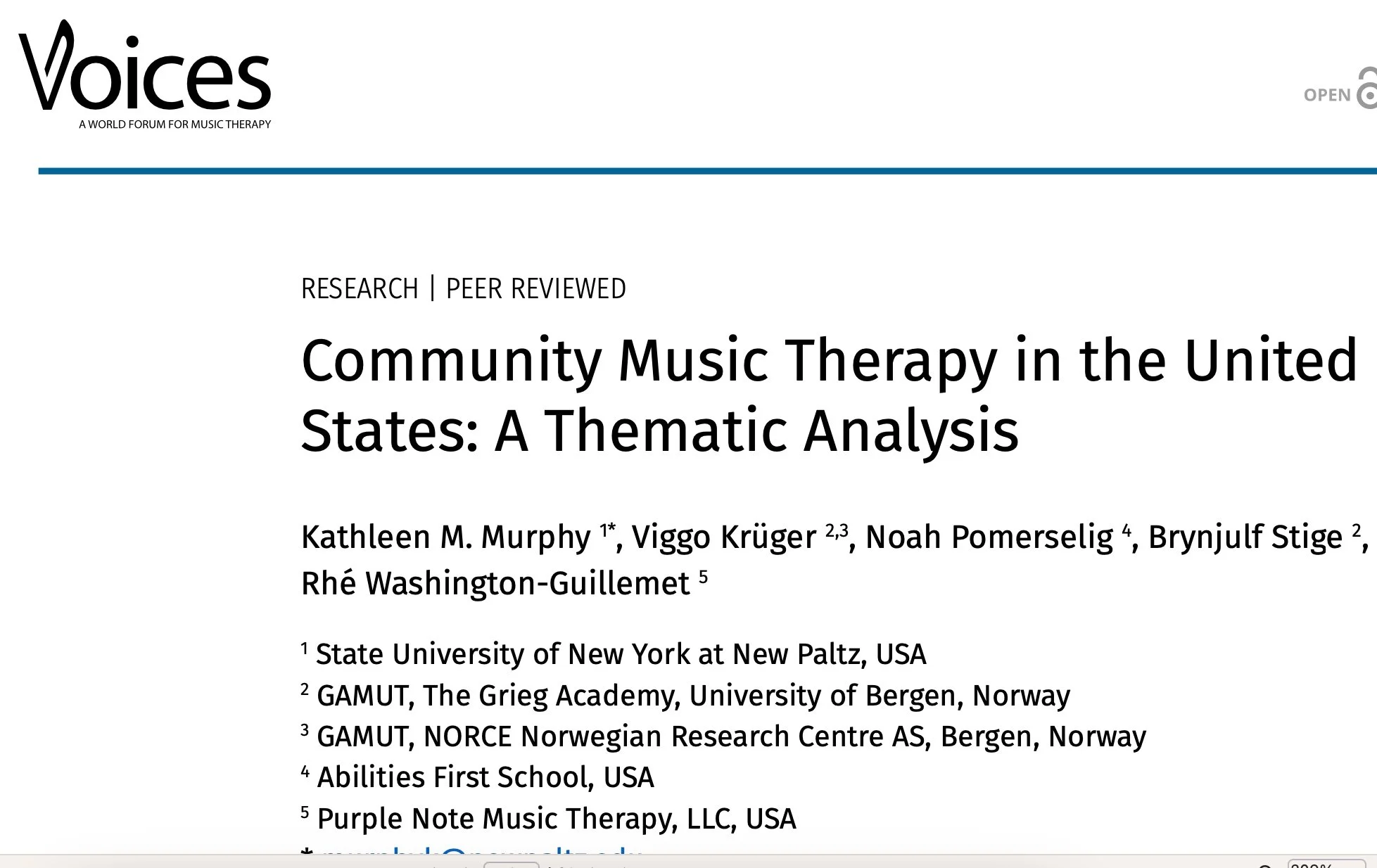 Community Music Therapy in the United States: A Thematic Analysis