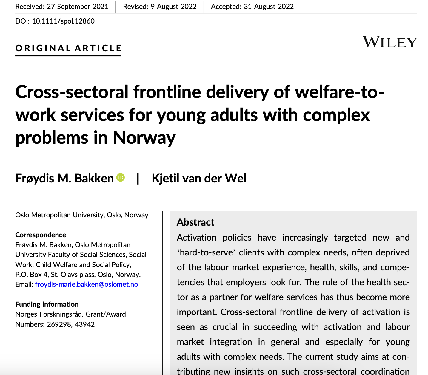 Cross-sectoral frontline delivery of welfare-to- work services for young adults with complex problems in Norway