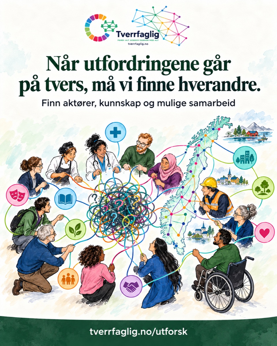 Illustrasjon av mennesker, fagområder og aktører som finner hverandre gjennom Tverrfaglig sitt aktørkart